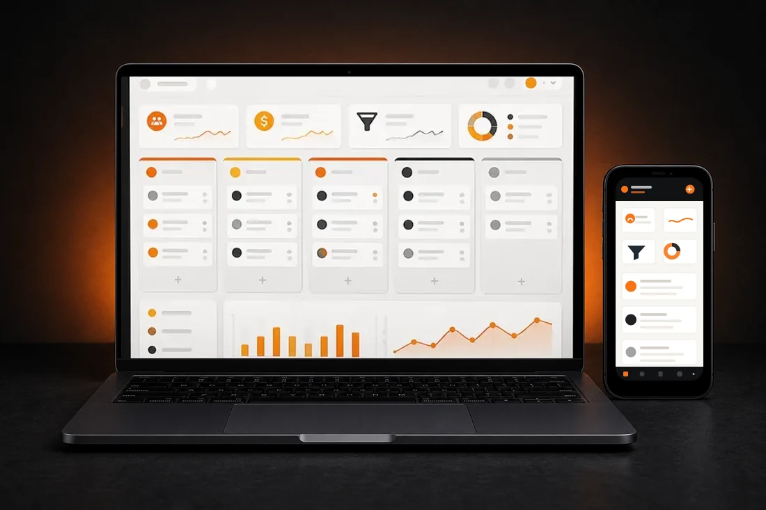 Preview visual do HIX CRM em notebook e celular